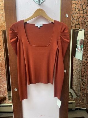 INTERMIX Rust Square-Neck Ribbed Long-Sleeve Top